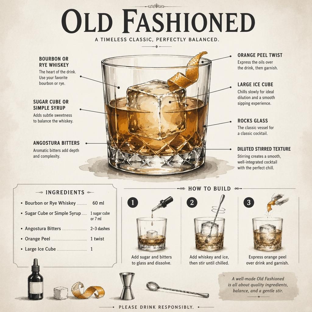 Akvarelová infografika koktejlu Old Fashioned se sklenicí rocks, velkou kostkou ledu, popiskami a 3 kroky přípravy.