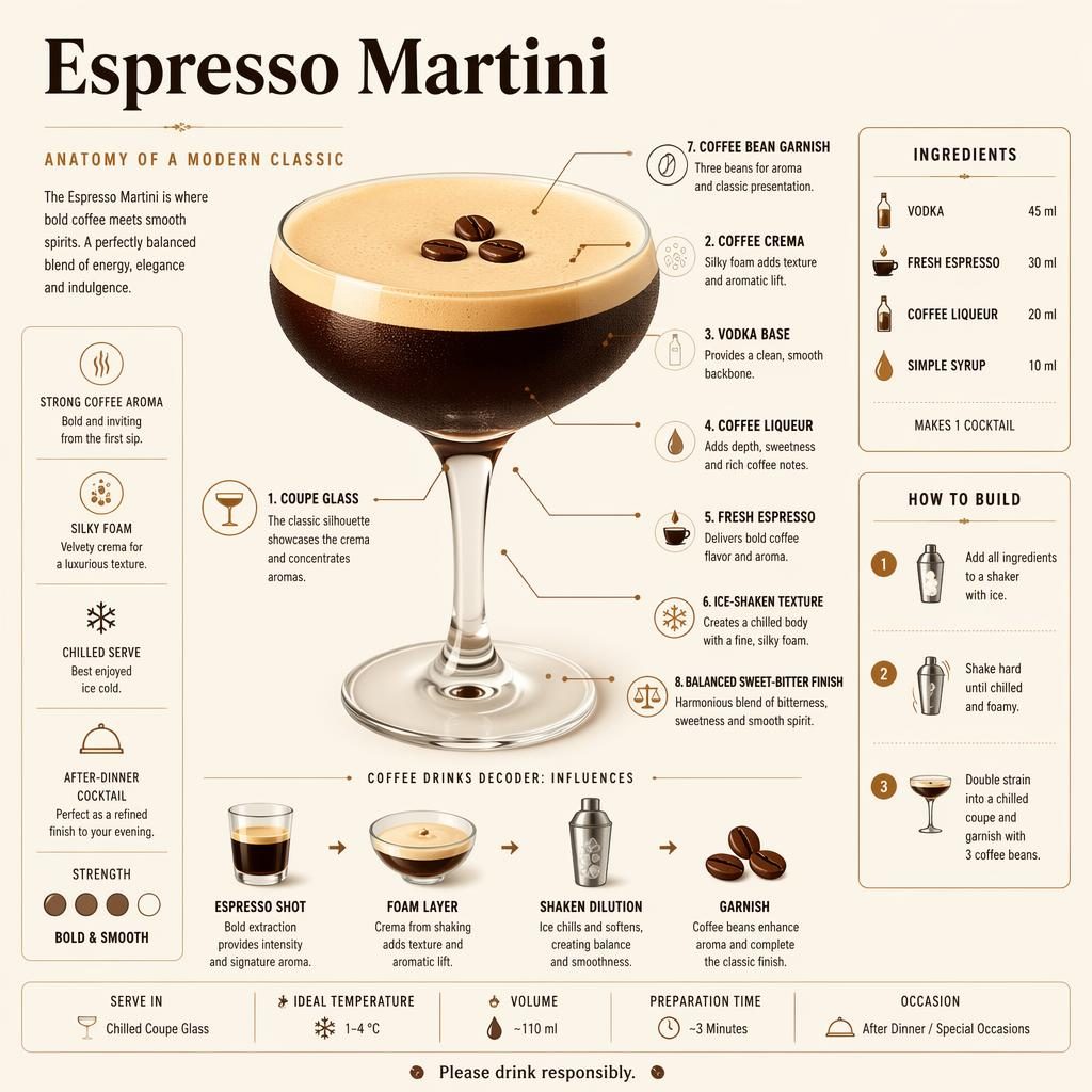 Minimal infographic of an Espresso Martini in a coupe glass with labeled anatomy, ingredients, 3-step build, and footer note.