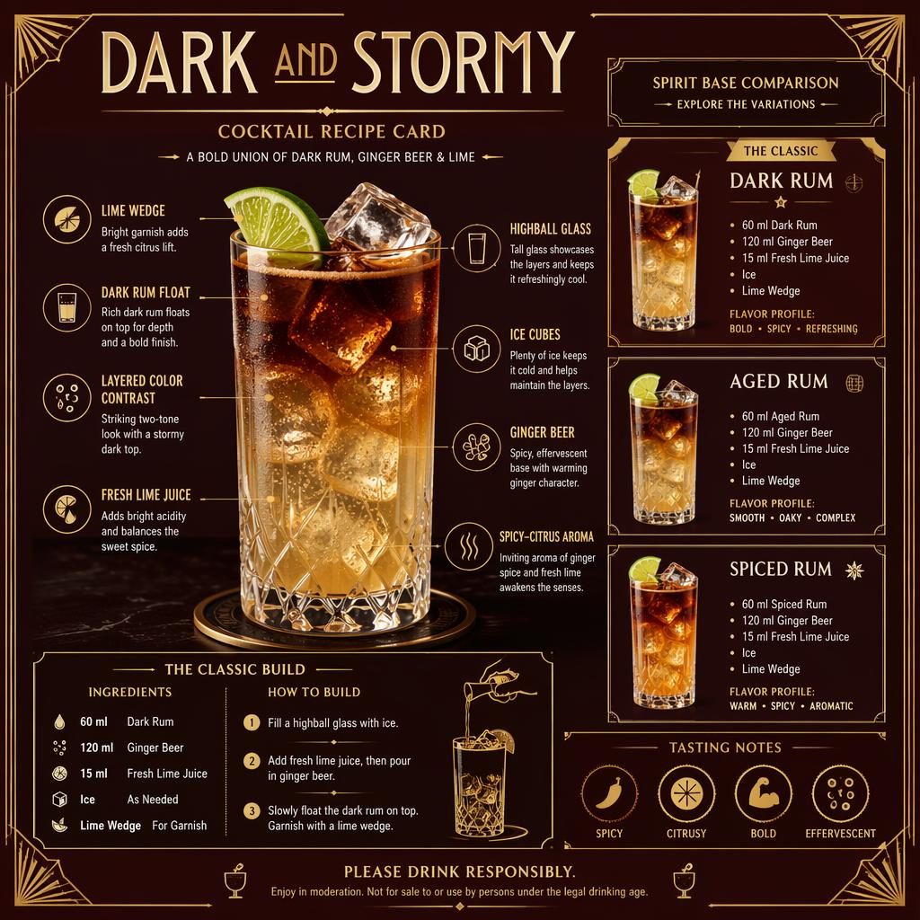 Art deco cocktail chart showing a Dark and Stormy recipe card with layered highball drink, rum variations, callouts, and notes.