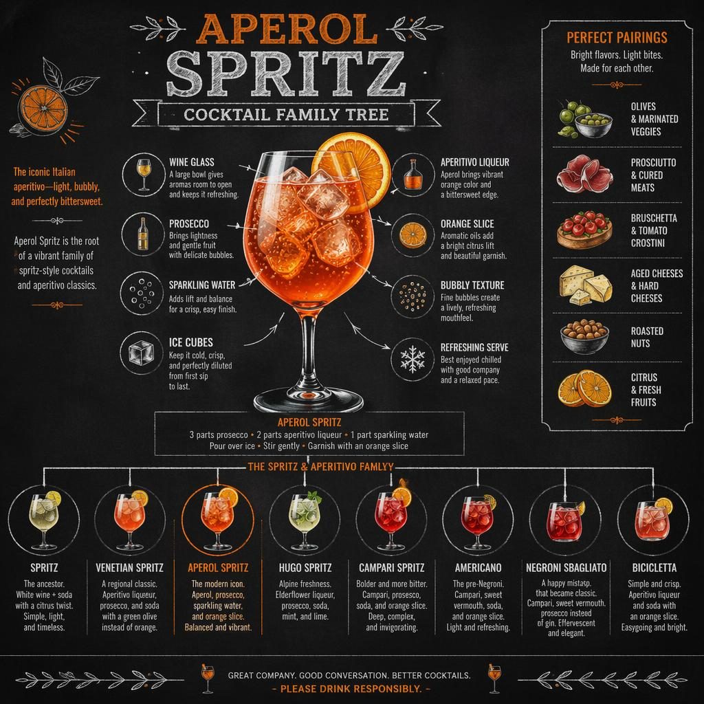 Chalkboard-style infographic of an Aperol Spritz family tree with labeled ingredients, related cocktails, and pairing cues.