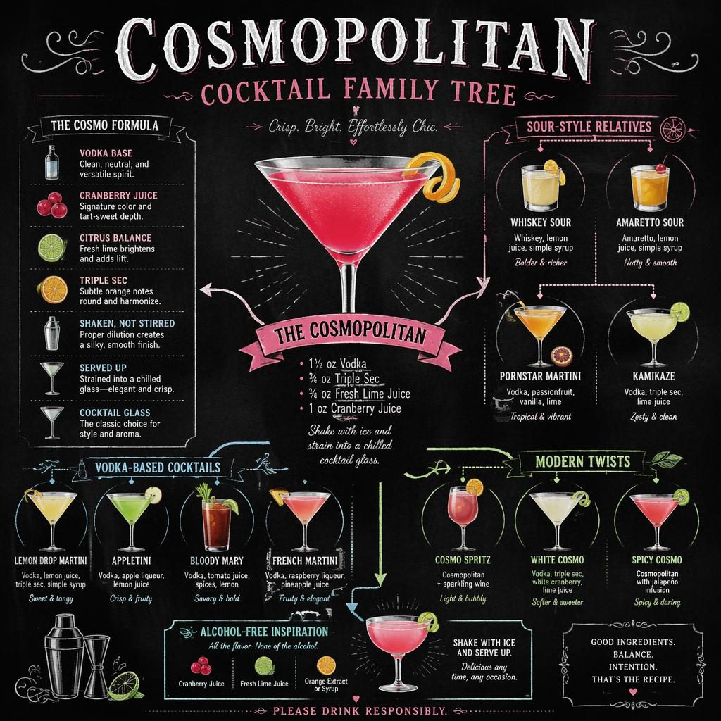 Infografika Cosmopolitan Cocktail Family Tree na černé tabuli s růžovým koktejlem, větvemi ingrediencí a anglickými popisky.