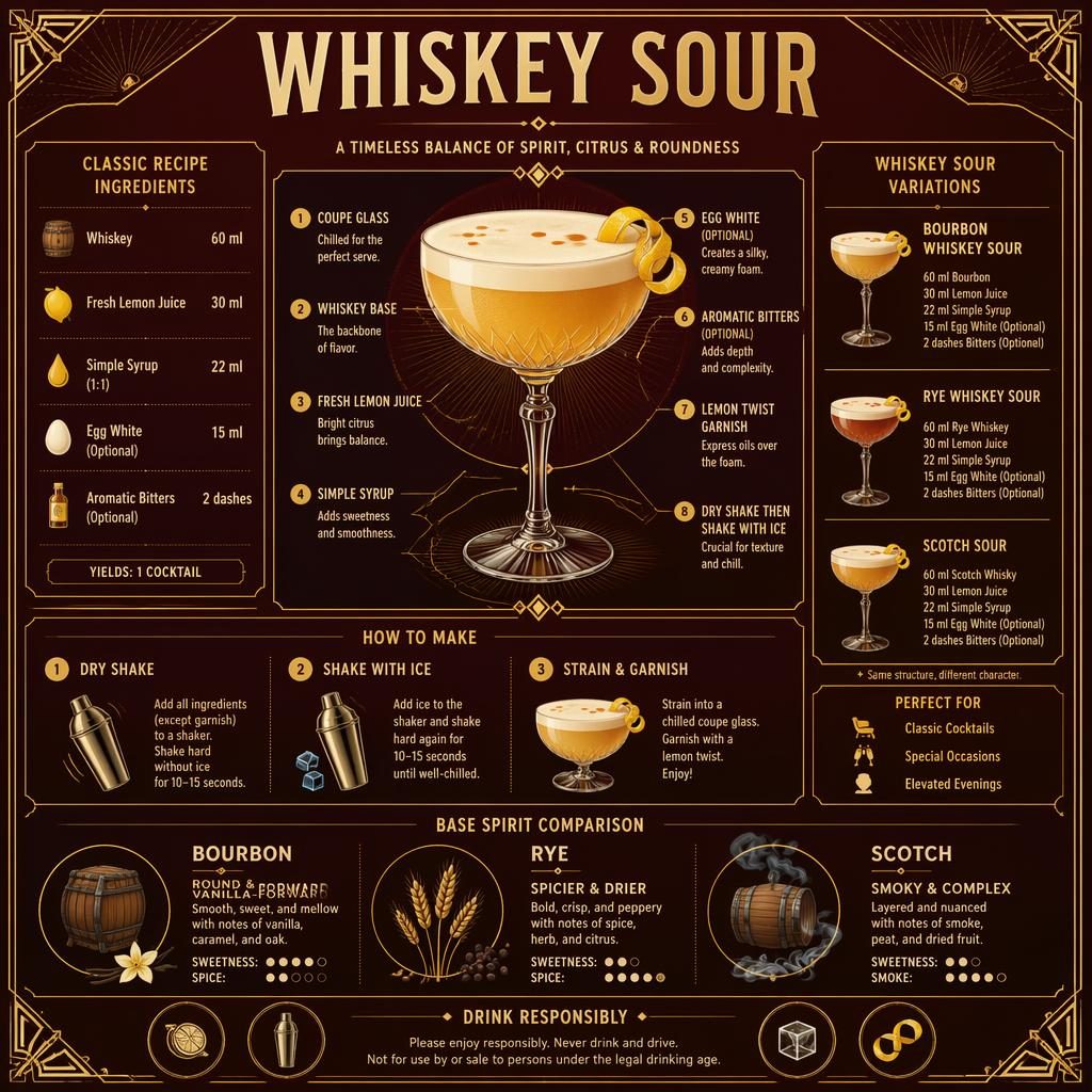 Art deco infografika Whiskey Sour s hlavní sklenkou coupe, srovnáním Bourbon, Rye a Scotch variant a kroky přípravy.