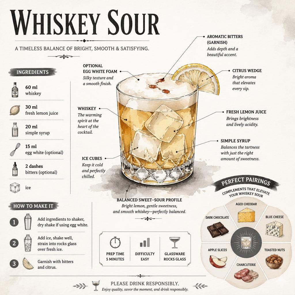 Watercolor whiskey sour infographic card with labeled ingredients, 3-step method, pairing wheel, and responsibly note.