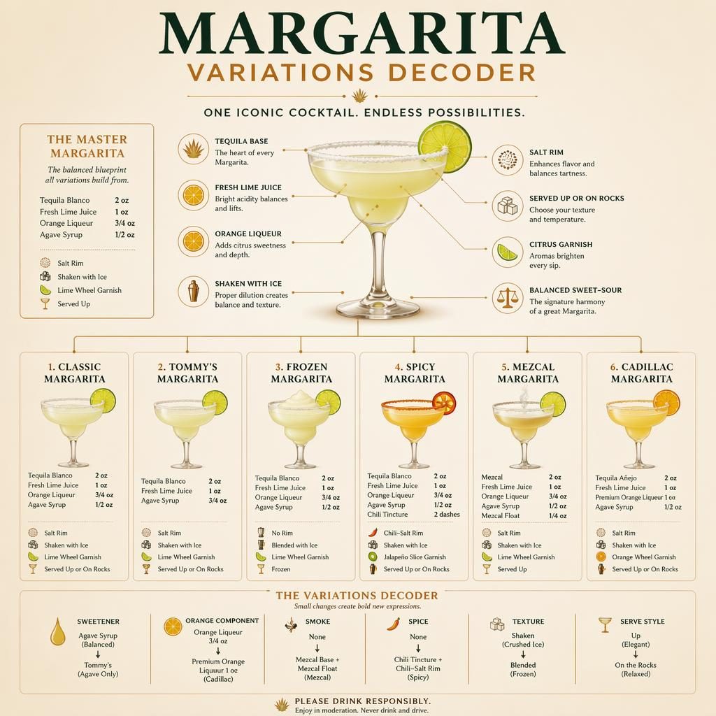 Infografika Margarita Variations Decoder s centrální Margaritou a 6 variantami, poměry ingrediencí, popisky a dekódovací legendou.