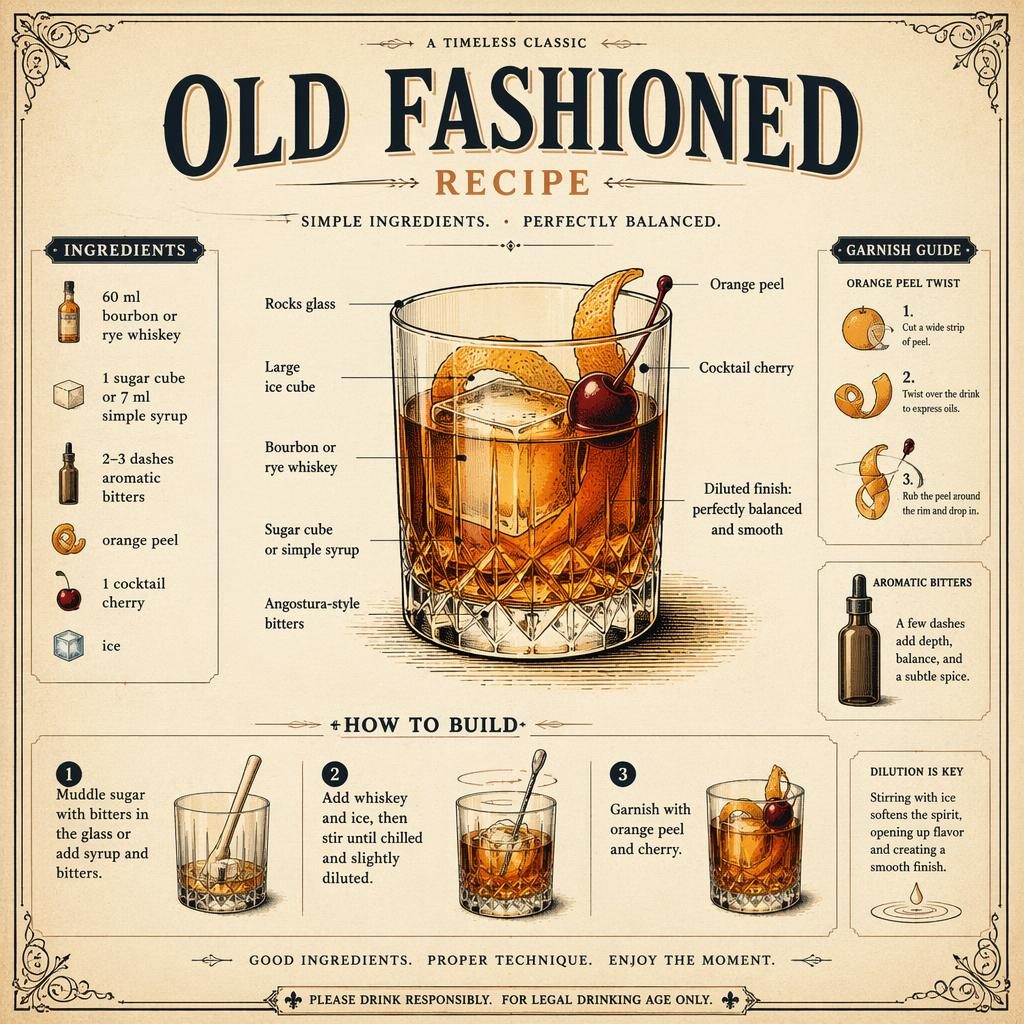 Vintage infografika koktejlu Old Fashioned se sklenicí rocks, velkou kostkou ledu, pomerančovou kůrou, třešní a popisky.