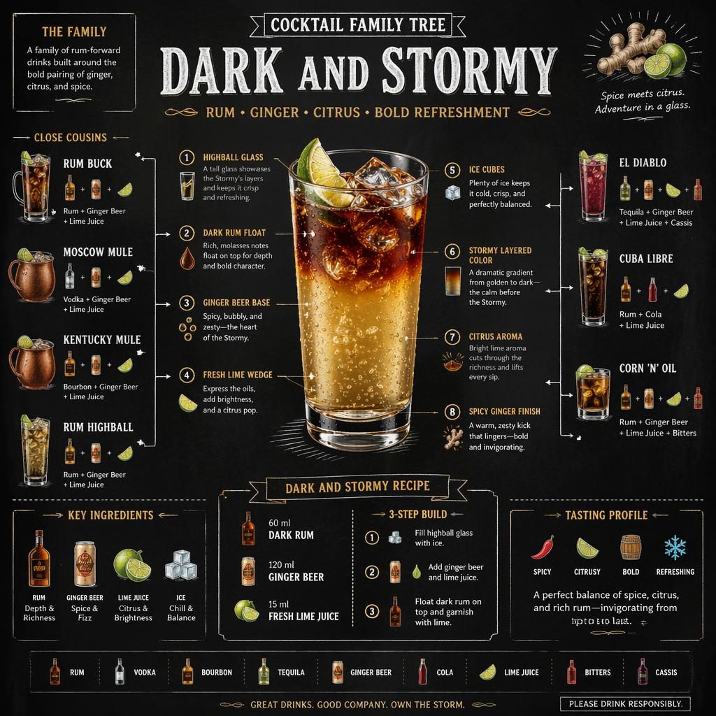 Křídová infografika koktejlu Dark and Stormy na tmavém pozadí s rodokmenem příbuzných drinků, popisky a receptem v angličtině.