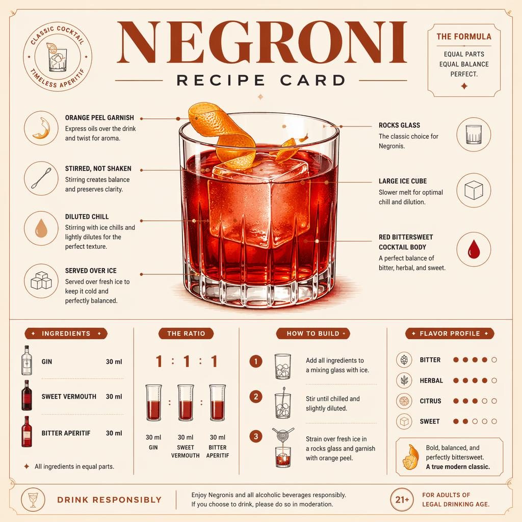 Minimal Negroni recipe card infographic with rocks glass, large ice cube, orange peel, ingredients, steps, and callouts.