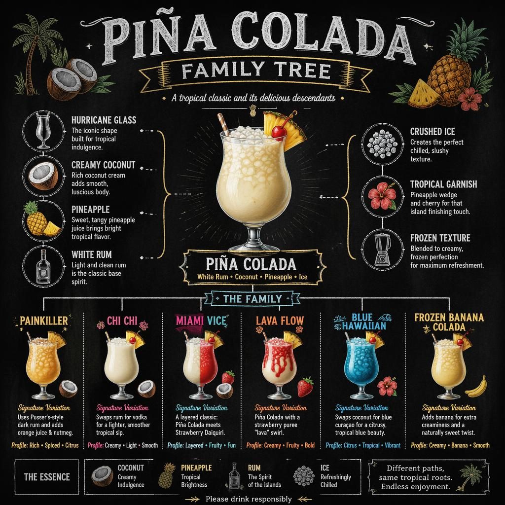 Chalkboard-style Piña Colada family tree infographic with tropical rum drink branches, callouts, icons, and footer note.