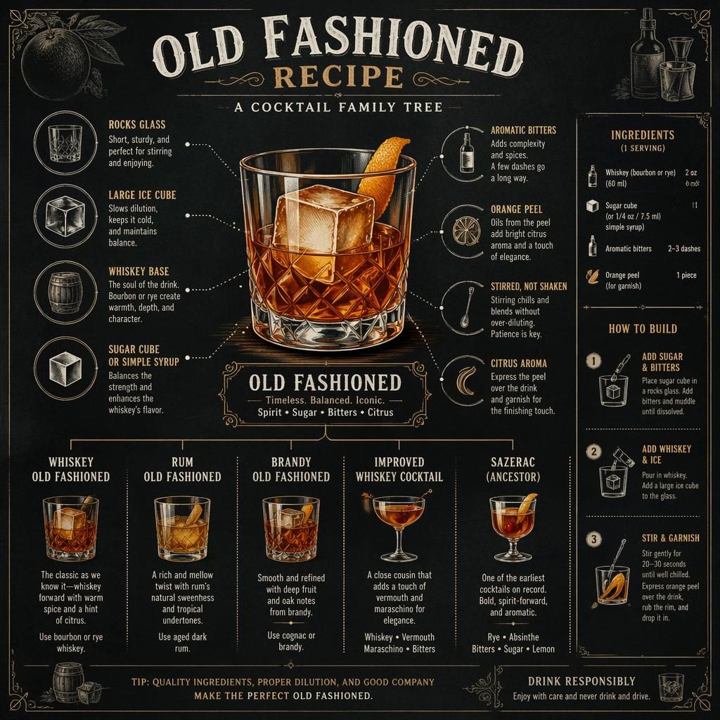 Chalkboard-style cocktail infographic showing an Old Fashioned recipe, hero rocks glass, labeled ingredients, steps, and drink lineage.