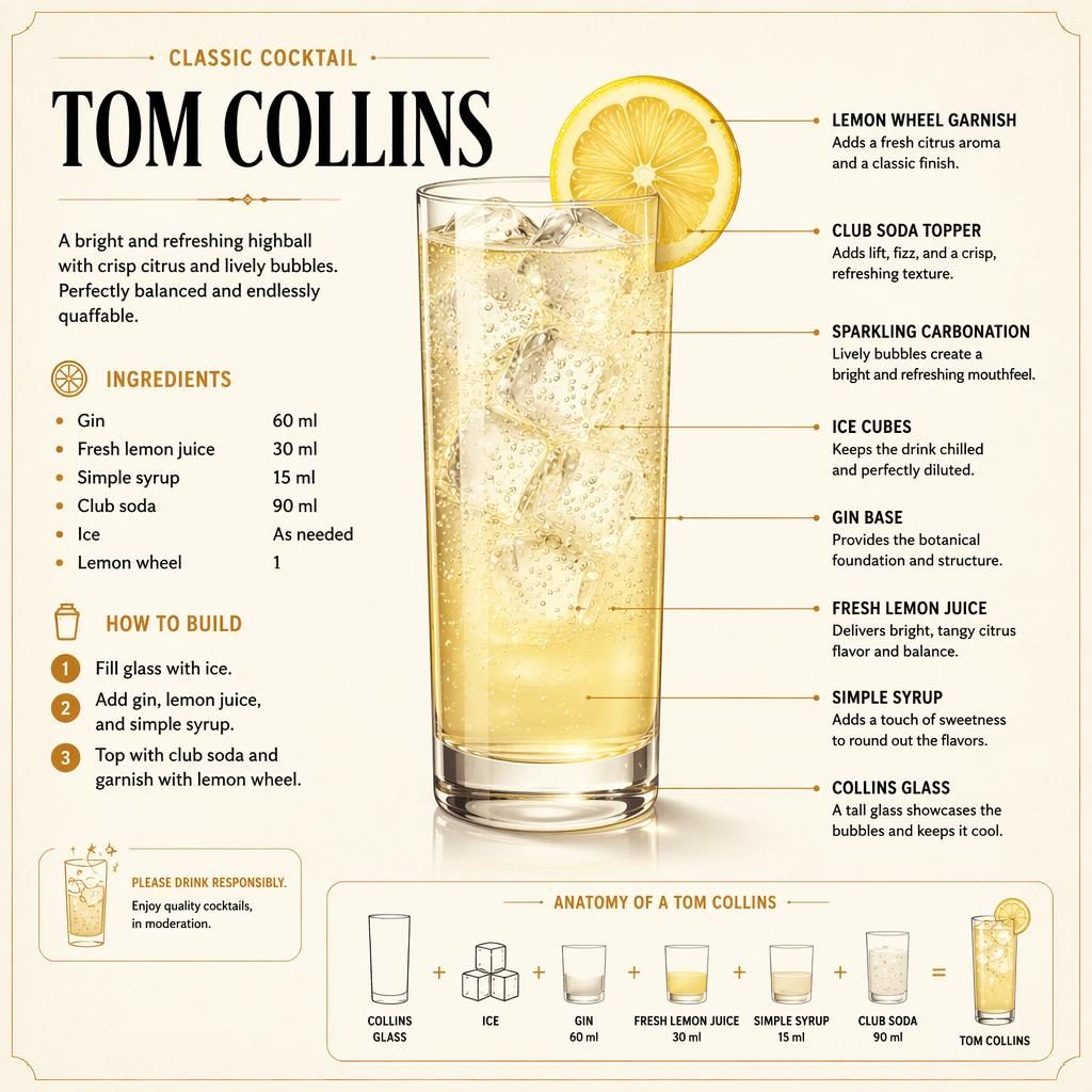 Minimal amber and cream Tom Collins recipe card with labeled glass, ingredients, bubbles, lemon garnish, and 3 steps.