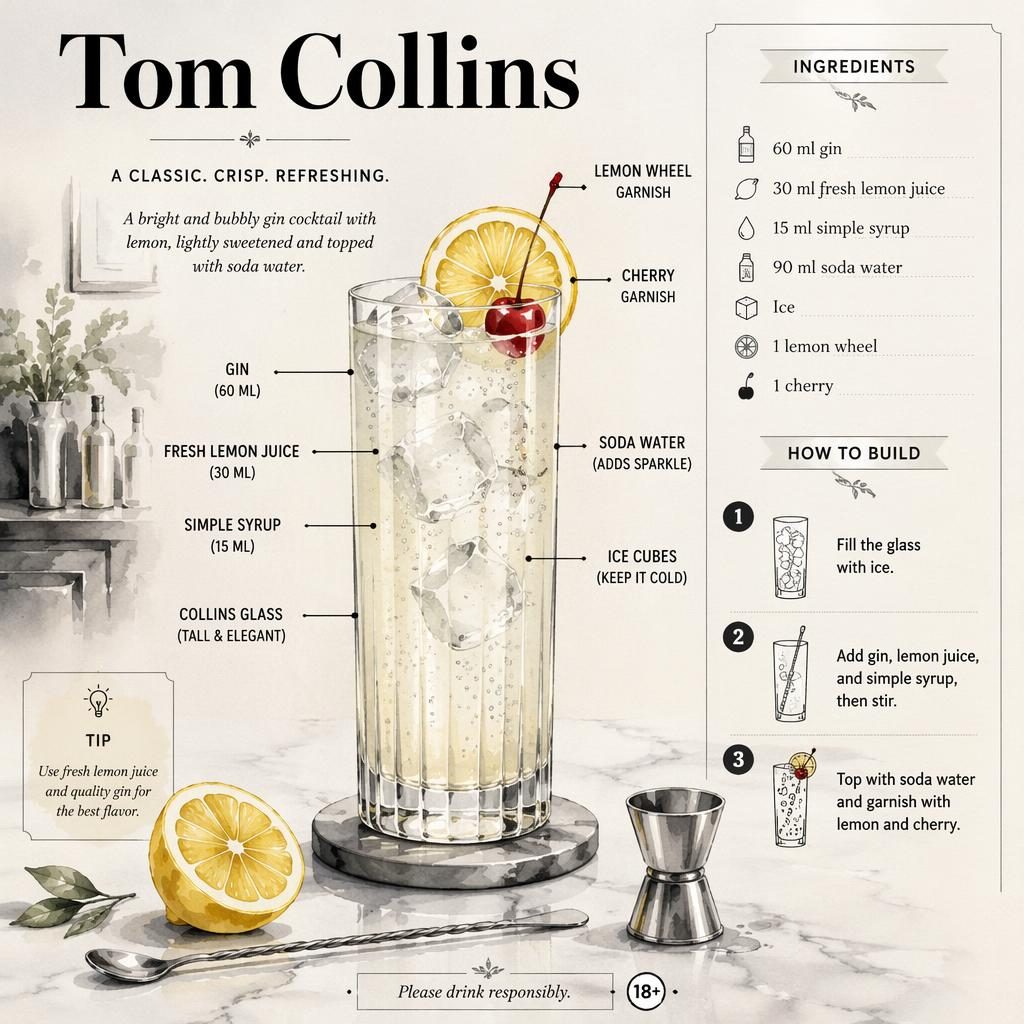 Watercolor Tom Collins recipe card with labeled ingredients, Collins glass, lemon garnish, cherry, bar tools, and steps