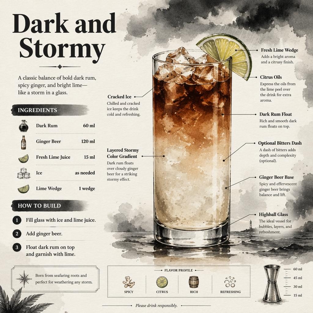 Watercolor cocktail infographic showing a Dark and Stormy in a highball glass with labeled callouts, ingredients, steps.