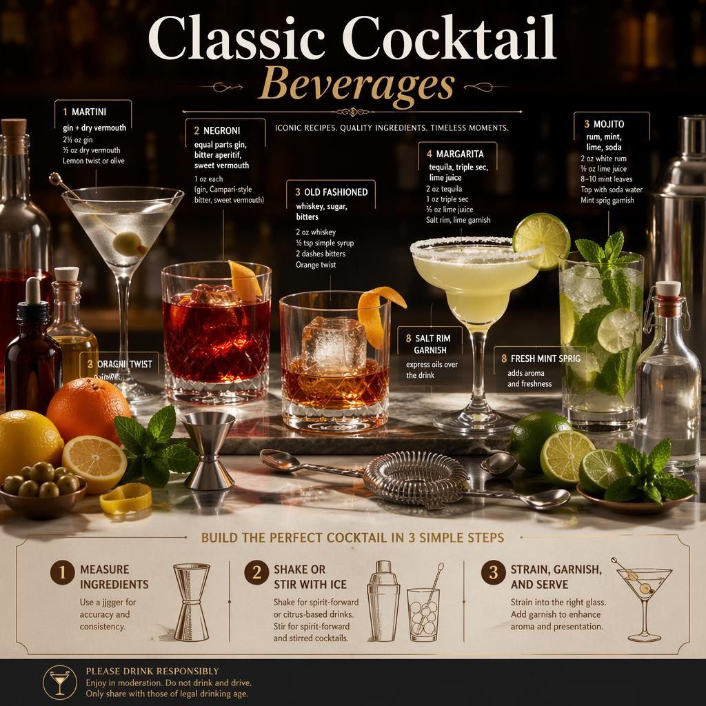 Infografía editorial de cócteles clásicos con Martini, Negroni, Old Fashioned, Margarita y Mojito, ingredientes y utensilios.