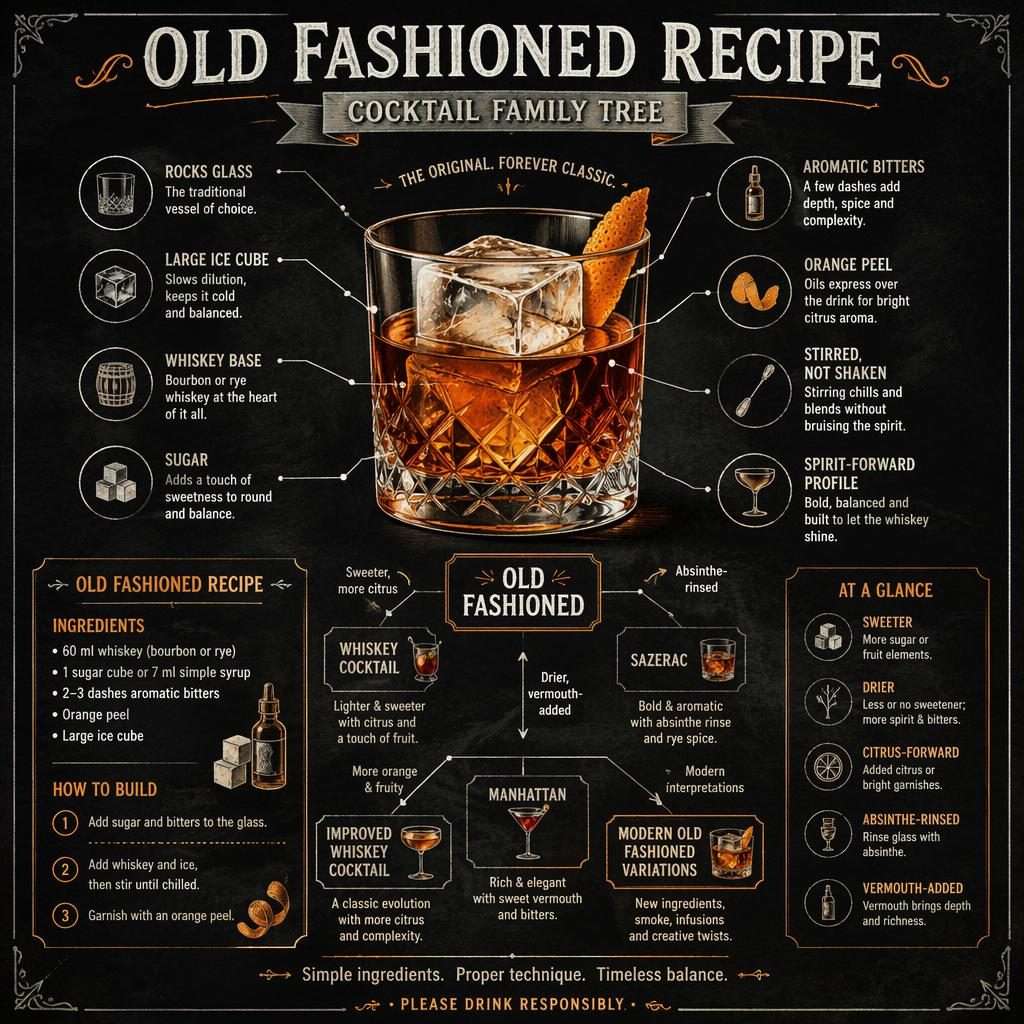 Křídová infografika Old Fashioned Recipe s koktejlem ve sklenici rocks, rodokmenem příbuzných drinků a ingrediencemi.