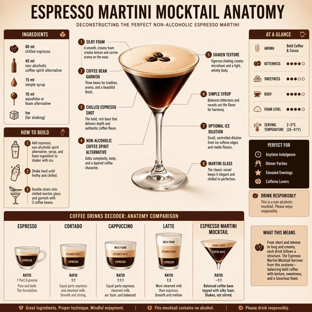 Editorial infographic of an Espresso Martini mocktail anatomy with labeled callouts, ingredients, 3-step build, and decoder chart.
