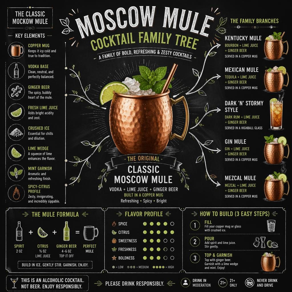Infografika Moscow Mule s měděným hrnkem, větvemi variací koktejlu, křídovými popisky a tmavou barovou paletou.