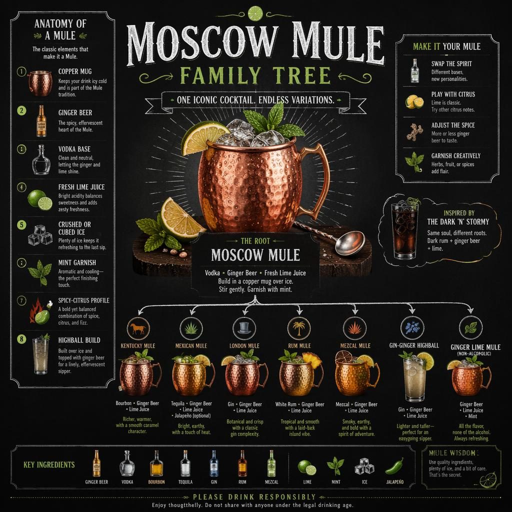 Chalkboard-style infographic showing a Moscow Mule family tree with copper mug, labeled cocktail branches, lime, mint, and icons.