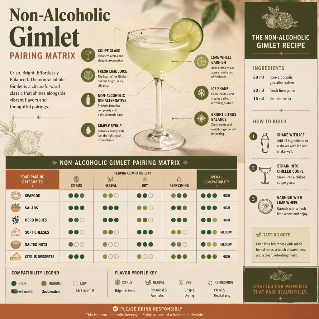 Editorial infographic of a non-alcoholic Gimlet with pairing matrix, recipe panel, lime garnish, and flavor legend.