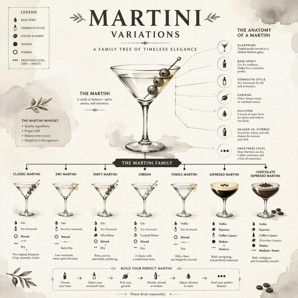 Infografika Martini Variations v akvarelovém stylu s centrální sklenicí Martini a větvemi pro klasické i kávové varianty.