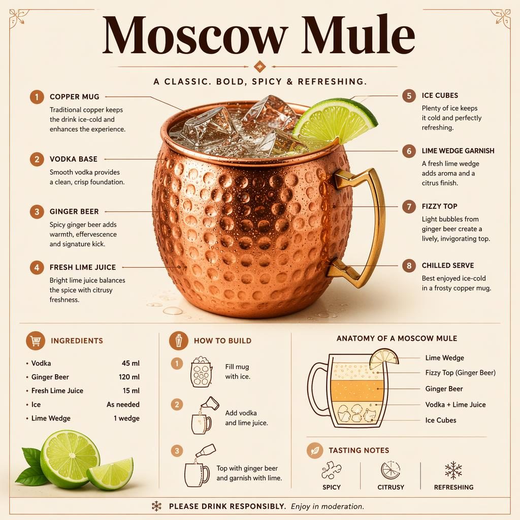 Minimalistická infografika koktejlu Moscow Mule v měděném hrnku s ledem, limetou, popisky ingrediencí a 3 kroky.