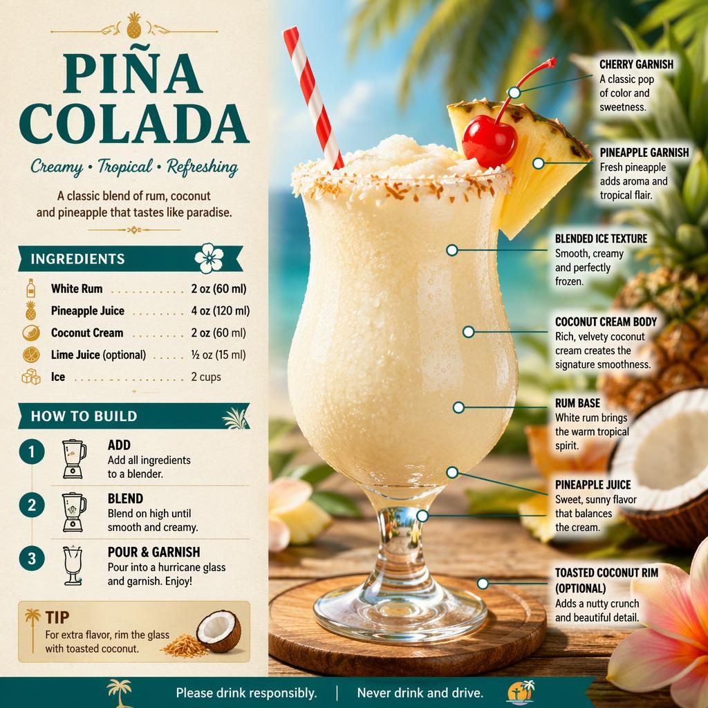Editorial Piña Colada recipe infographic with hurricane glass, pineapple garnish, cherry, striped straw, ingredients, steps.