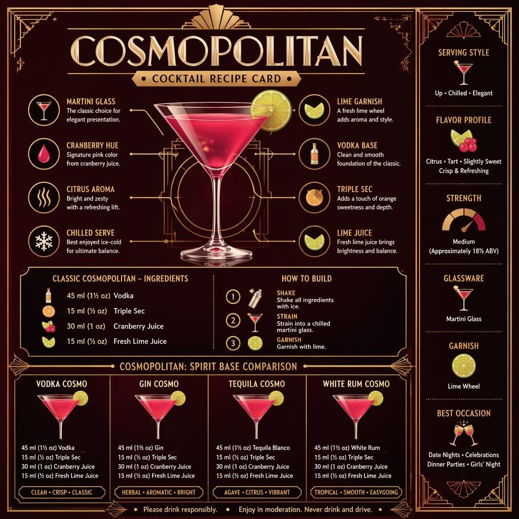 Art deco Cosmopolitan recipe infographic with martini glass hero, callouts, 4 spirit variations, build steps, and gold borders.
