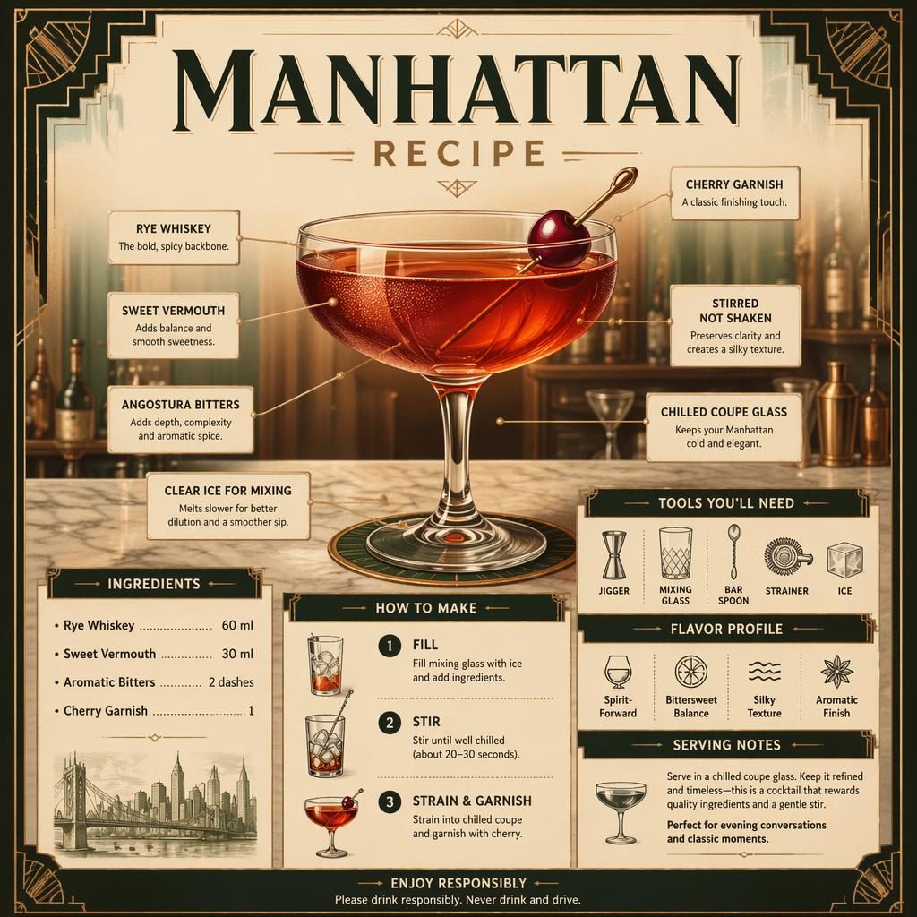 Vintage-style Manhattan recipe card infographic with amber-red cocktail in a coupe, ingredient callouts, tools, steps, and notes.