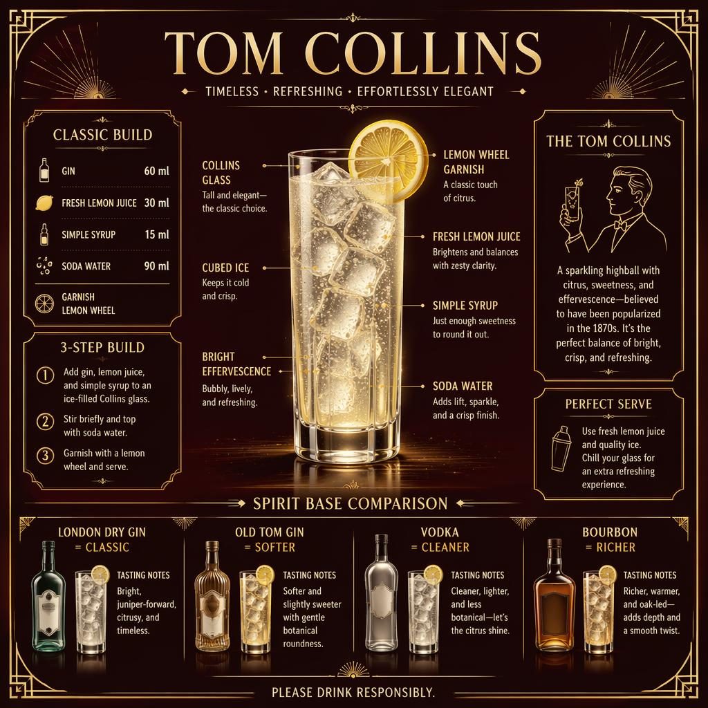 Art deco infografika koktejlu Tom Collins se sklenicí, citronem, ingrediencemi, porovnáním bází a burgundsko-zlatými prvky.