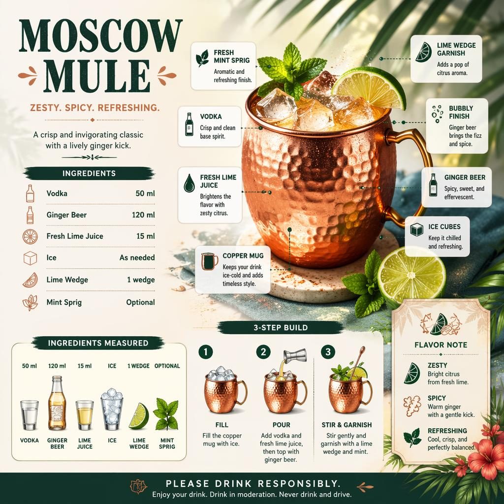 Infografika koktejlu Moscow Mule s měděným hrnkem, ledem, limetou, mátou, surovinami a 3 kroky přípravy.