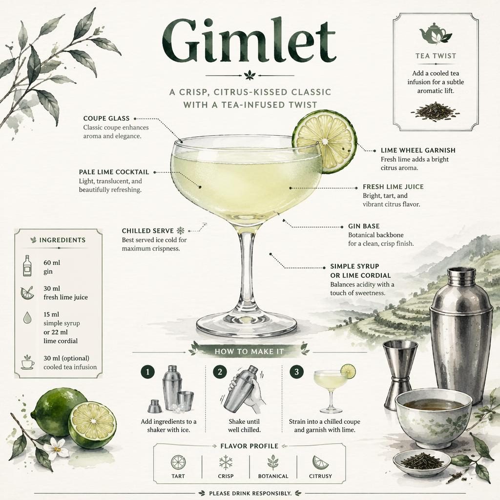 Watercolor-style Gimlet recipe card with coupe glass, lime callouts, ingredient list, 3-step build, and tea accent icons.