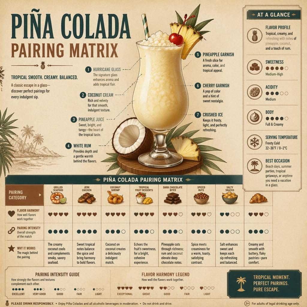 Rustic editorial infographic of a Piña Colada pairing matrix with hero cocktail, food grid, labeled ingredients, and legend.