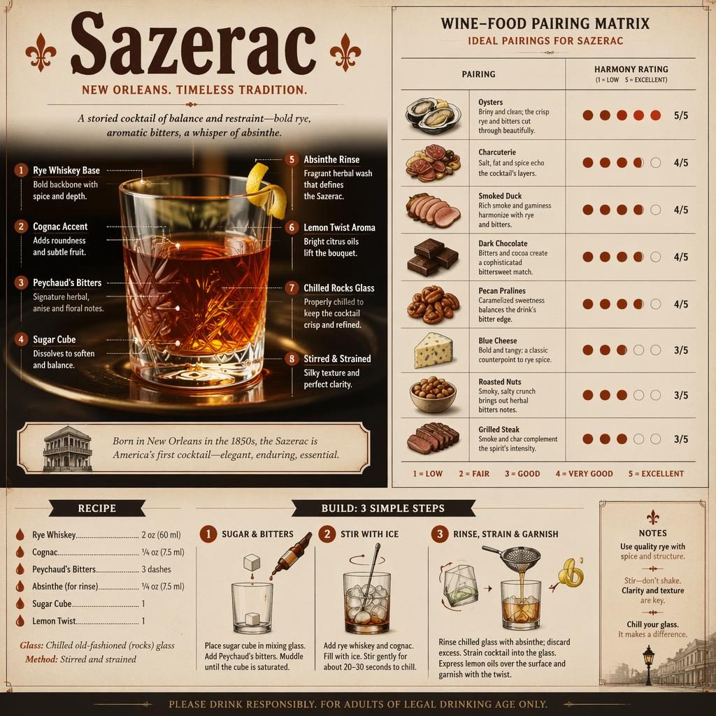 Editorial Sazerac drink infographic with cocktail illustration, ingredient callouts, food pairing matrix, recipe steps, and vintage typography.