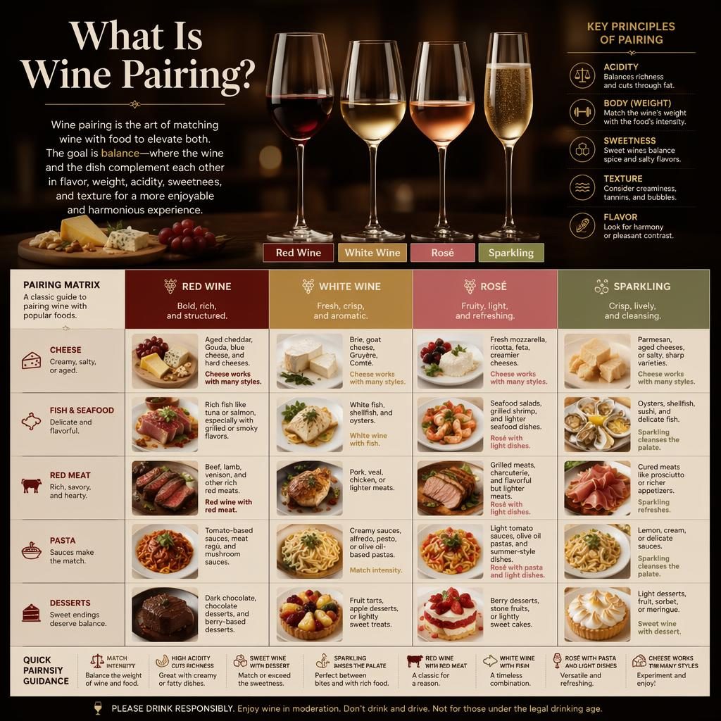 Infografía editorial sobre maridaje de vino con copas de tinto, blanco, rosado y espumoso junto a queso, pescado, carne, pasta y postres.
