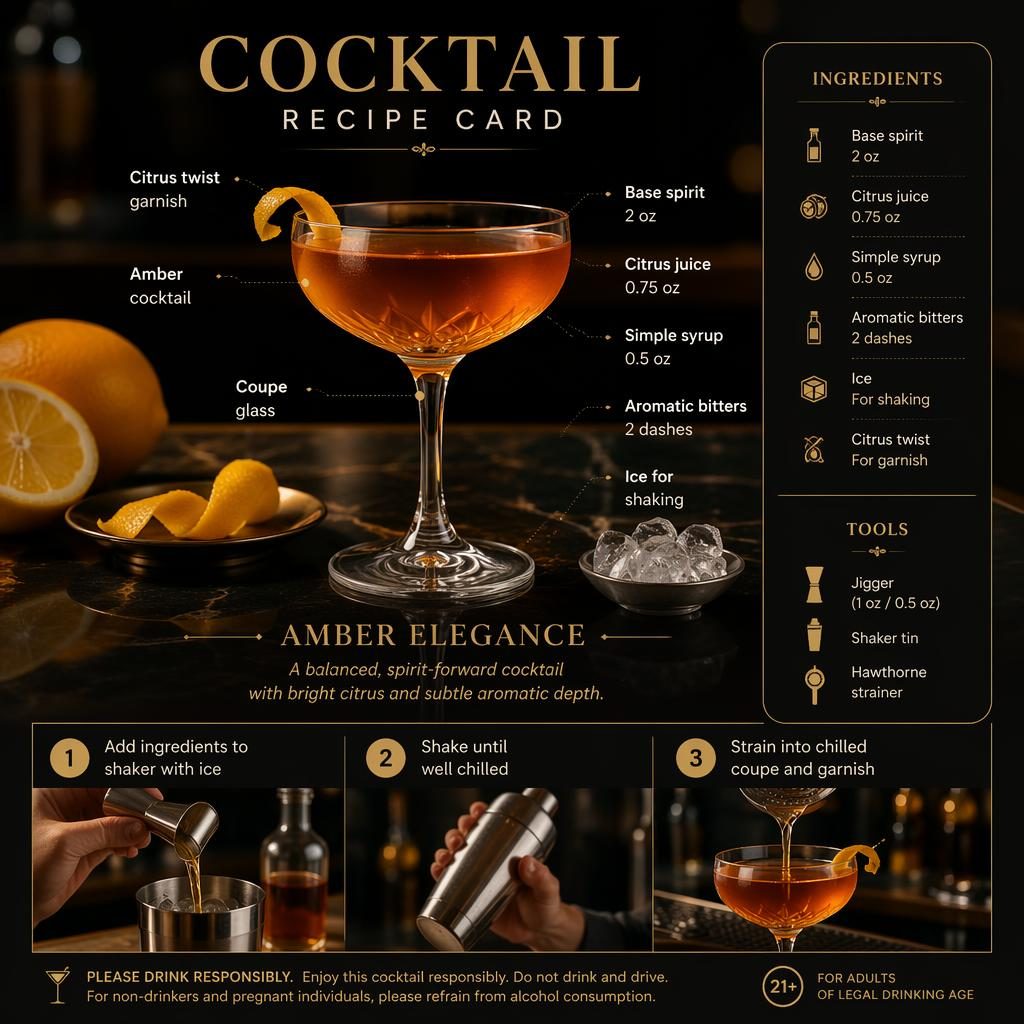 Infografía editorial de cóctel en bar oscuro con copa coupe, ingredientes, utensilios y pasos de preparación en inglés