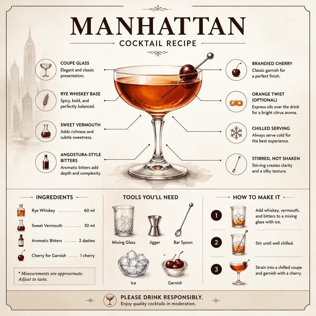 Watercolor Manhattan cocktail recipe infographic with coupe glass, ingredient callouts, tools, steps, and drink responsibly note.