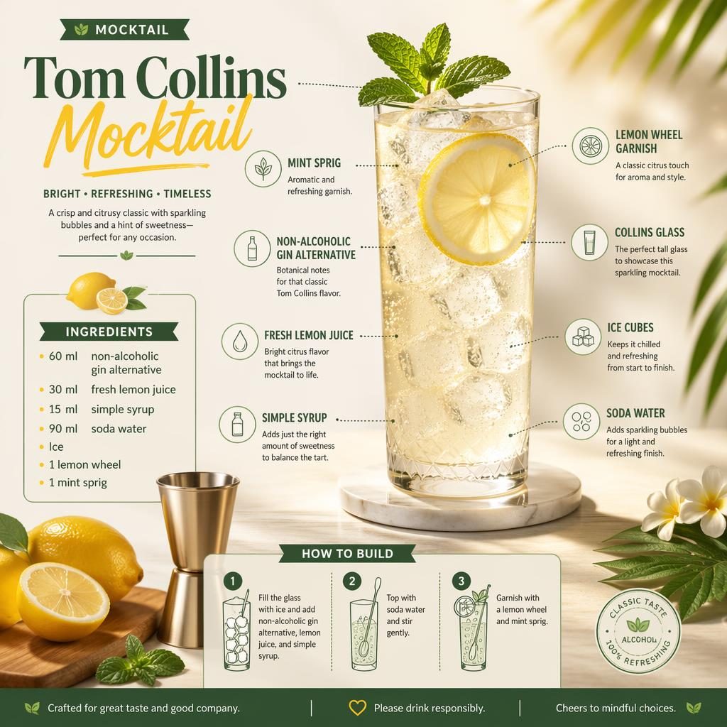 Vertikální receptová karta s mocktailem Tom Collins ve sklenici Collins, ledem, citronem, mátou a anglickými popisky.