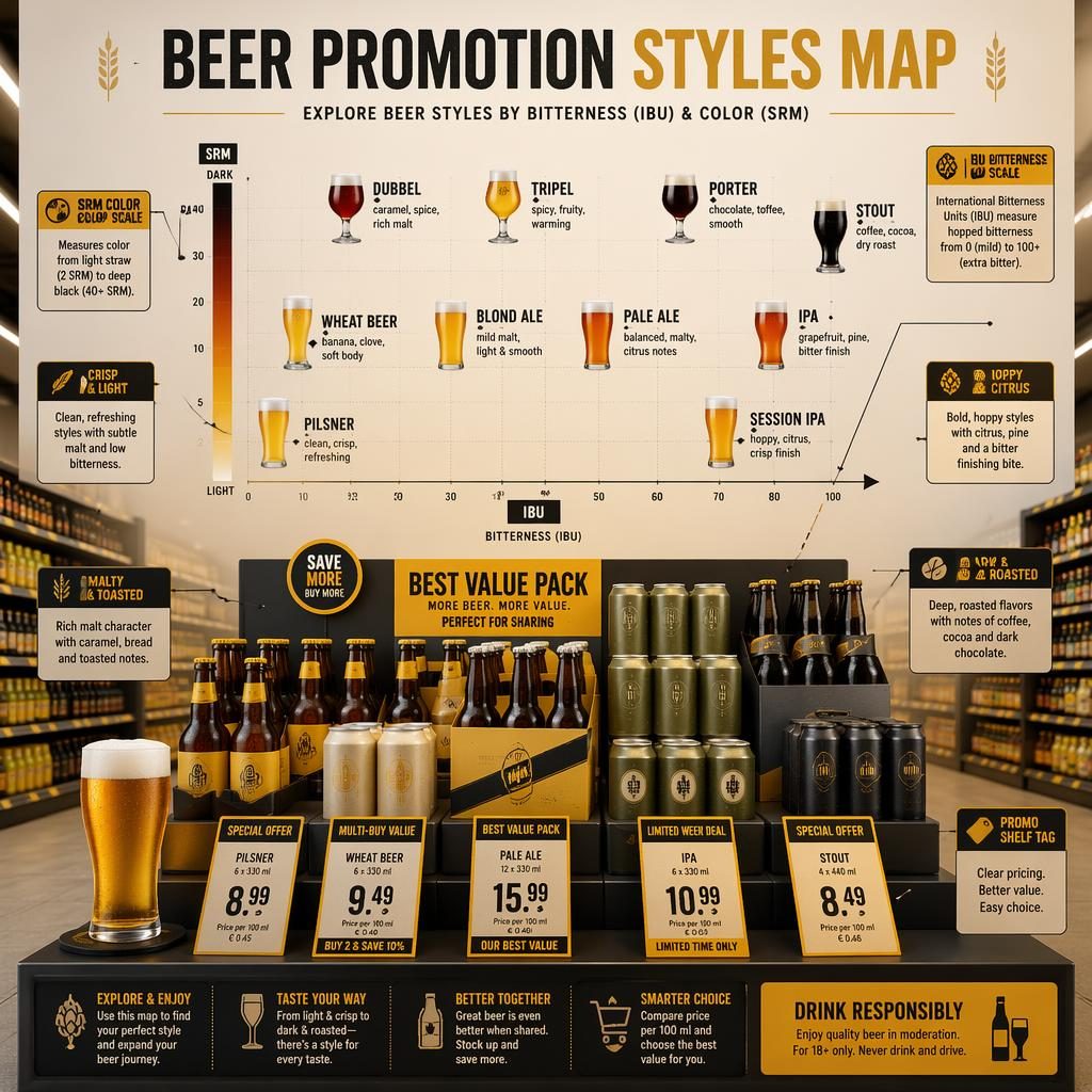 Fotorealistische bierinfographic met supermarkt display, beer styles map, flessen, blikjes, proefglas en prijskaarten
