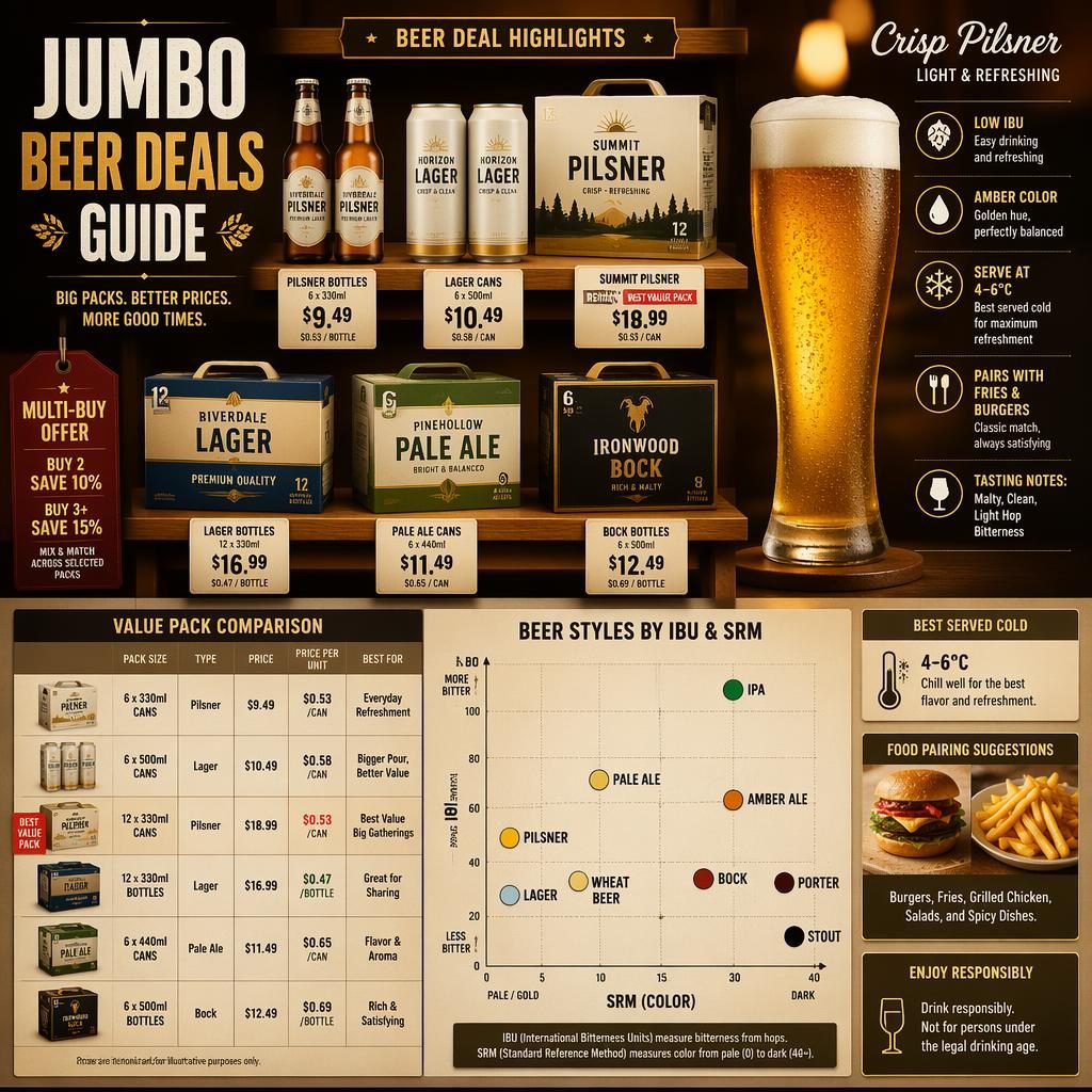Infographic met generieke bierverpakkingen, prijskaarten, pils in glas en bierstijlenkaart op IBU en SRM.