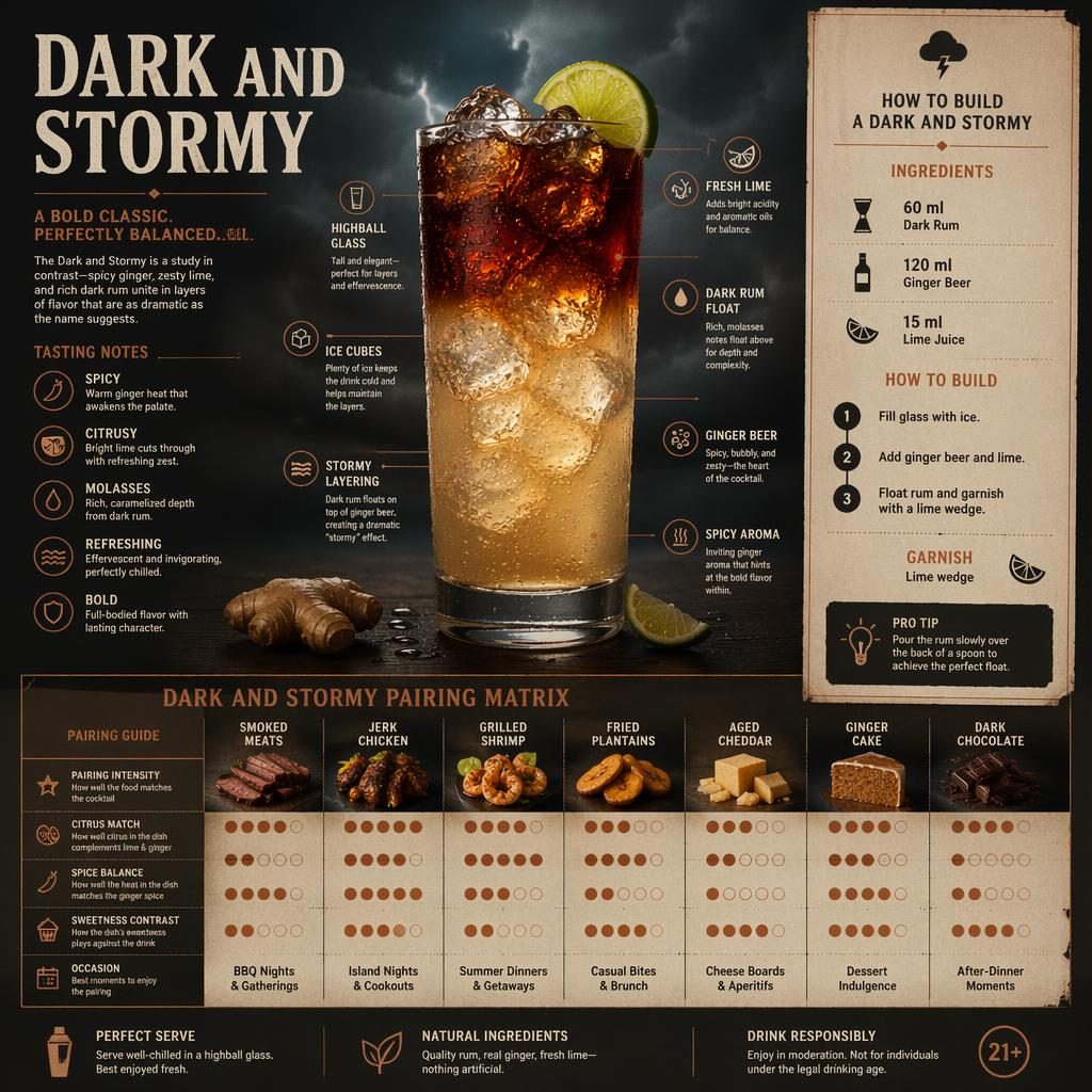Editorial Dark and Stormy infographic with highball cocktail, pairing matrix, recipe panel, labeled callouts, and drink responsibly note.