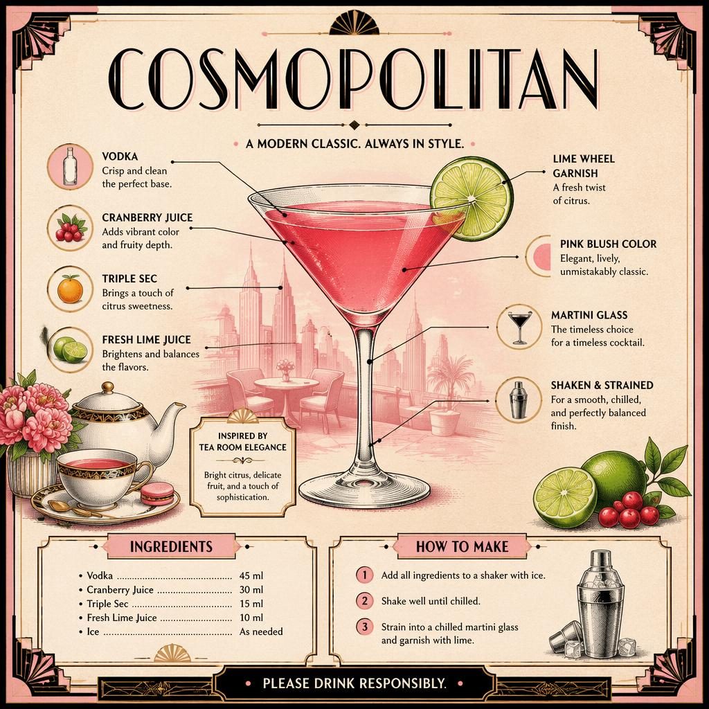 Infografika receptu Cosmopolitan ve stylu 20. let s martini sklenkou, popisky ingrediencí, Art Deco layoutem a pastelovými akcenty.