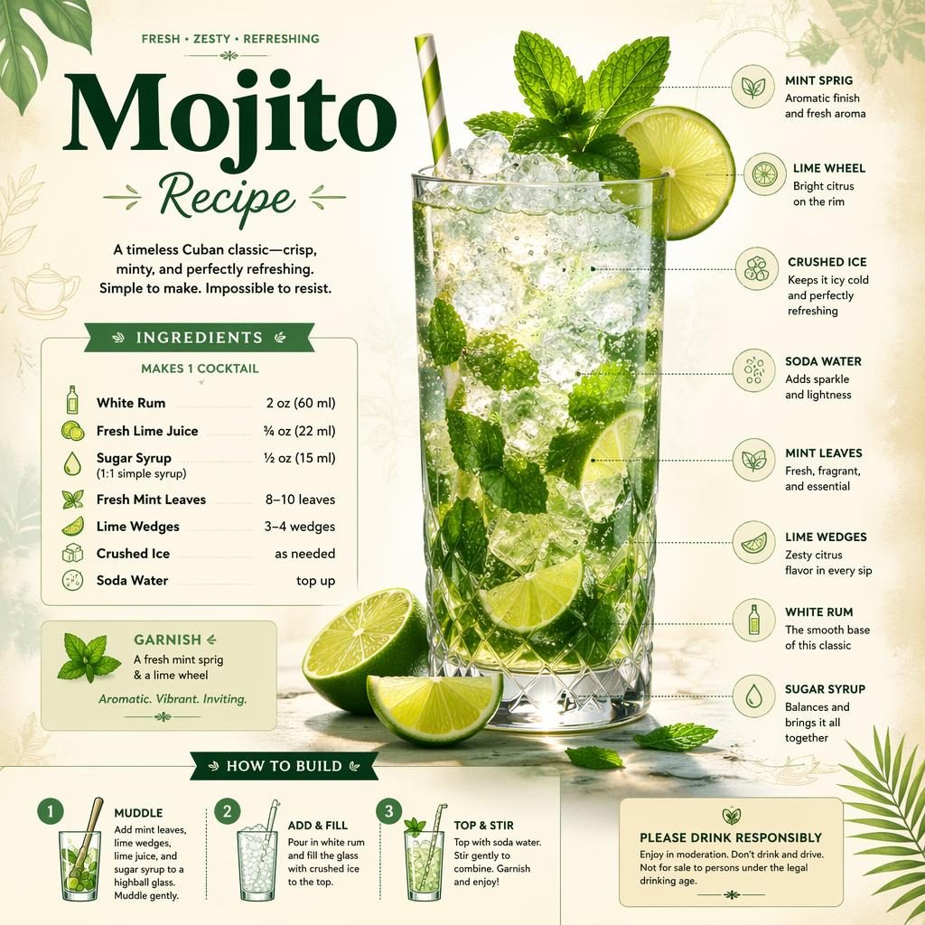 Svislá infografická karta Mojito Recipe s ilustrací mojita, ingrediencemi, 3 kroky a anglickými popisky částí sklenice.
