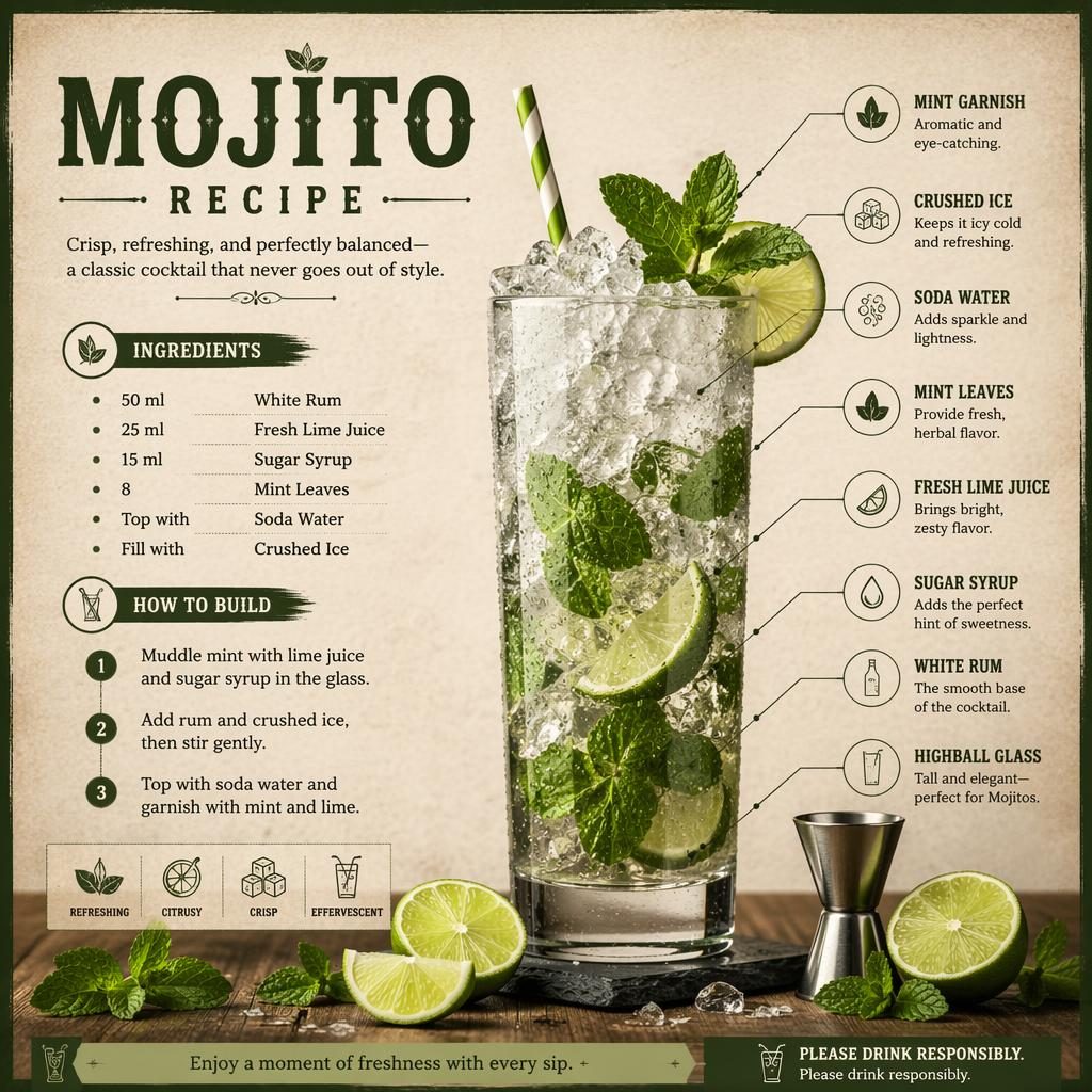 Mojito recipe infographic with highball glass, crushed ice, lime, mint, ingredient list, 3 steps, and labeled callouts.
