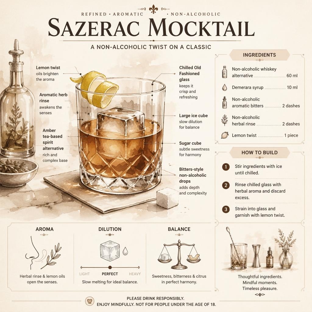 Akvarelová infografika receptu Sazerac Mocktail s ilustrací nealko drinku ve skle Old Fashioned a anglickými popisky.