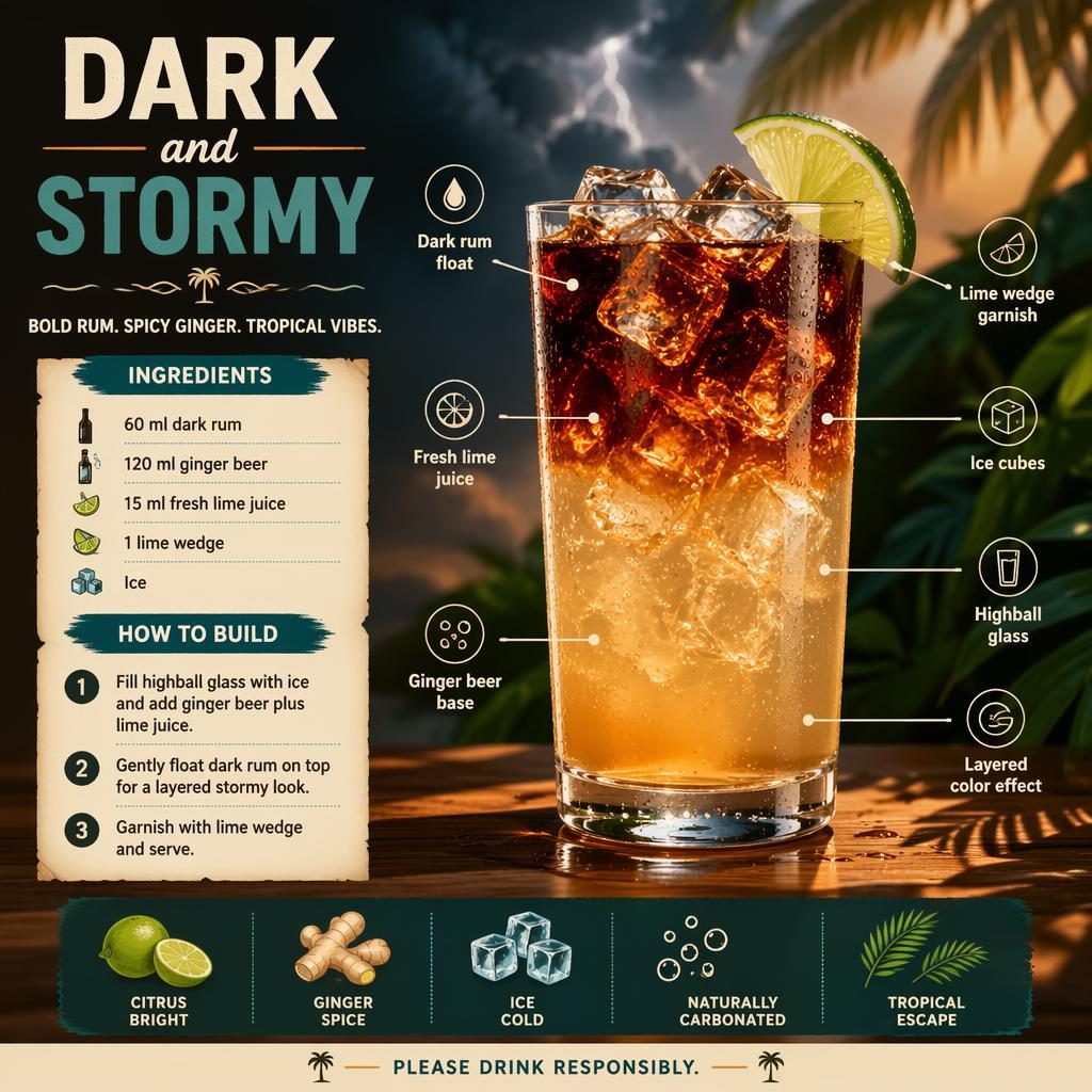 Dark and Stormy cocktail chart infographic with layered highball drink, lime wedge, ingredient list, step callouts, and icons.