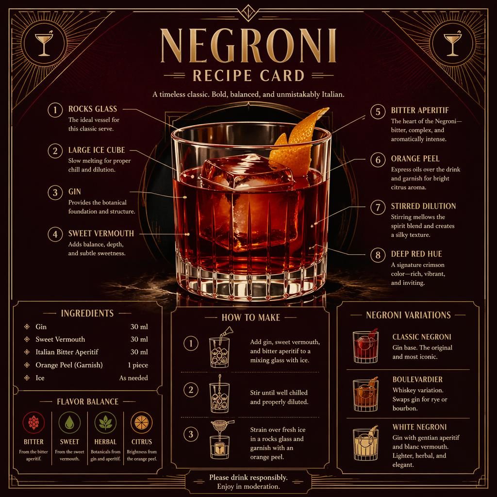 Art deco Negroni recipe card infographic with ruby-red cocktail in rocks glass, ingredient callouts, 3-step build, and notes.