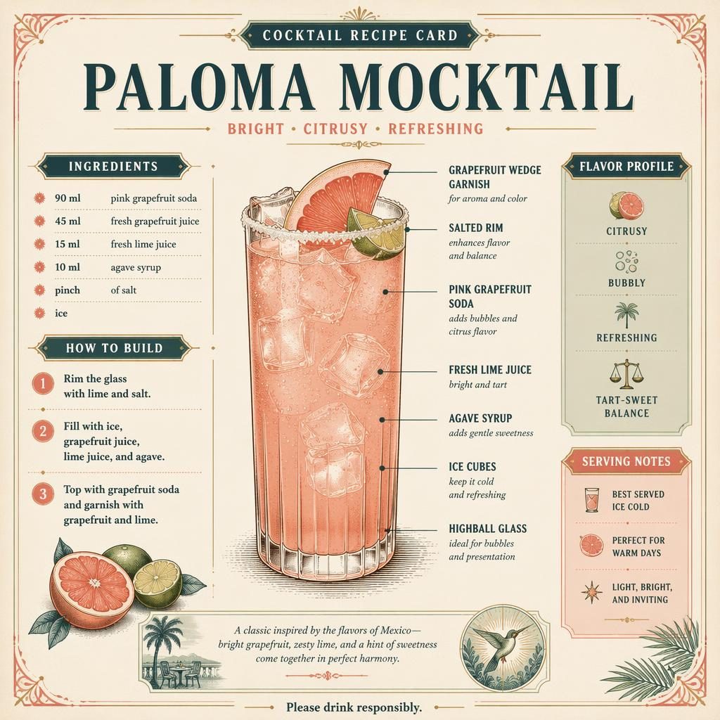 Vintage-style Paloma Mocktail recipe card infographic with highball glass, grapefruit soda, lime, salt rim, ingredients, steps.