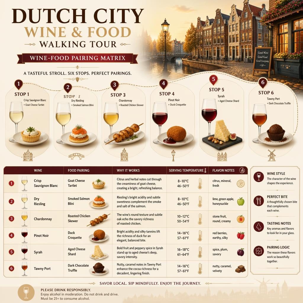 Infographic van een wijnspijs wandeling met wijn-food matrix, 6 proefstops, wijnglazen, hapjes en sfeervolle grachtengevels.