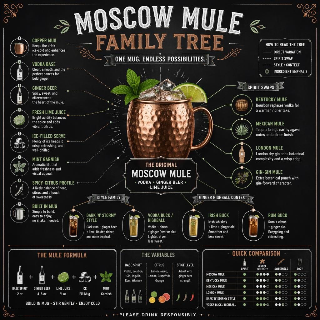 Chalkboard-style infographic of a Moscow Mule family tree with copper mug hero, ingredient callouts, and related mule branches.
