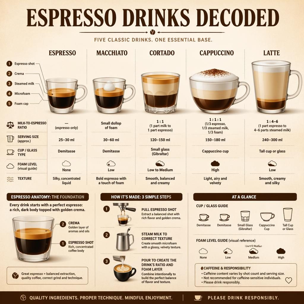 Coffee infographic comparing espresso, macchiato, cortado, cappuccino and latte with anatomy diagrams, ratios and cup sizes.