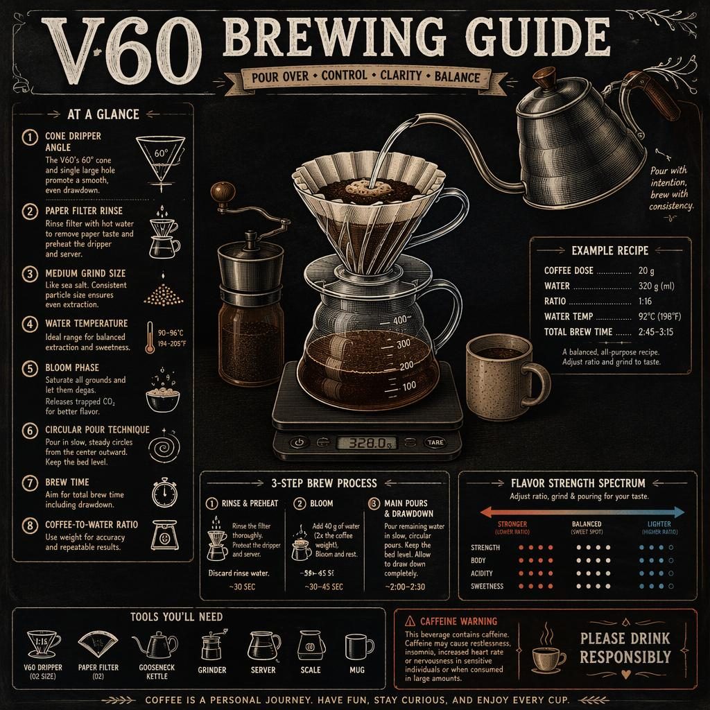 Vintage chalkboard-style coffee infographic showing a V60 pour-over setup, brew ratios, callouts, tools, and 3-step method.